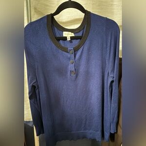 Navy sweater with black buttons and details